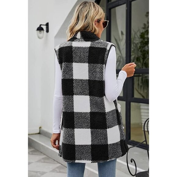 Black Plaid Print Faux Fur Oversized Open Front Sleeveless Vest Cardigan Sweater - Picture 4 of 6
